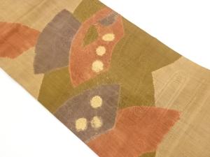 手織り紬絞り相良汕頭刺繍地紙に花々・流水模様名古屋帯